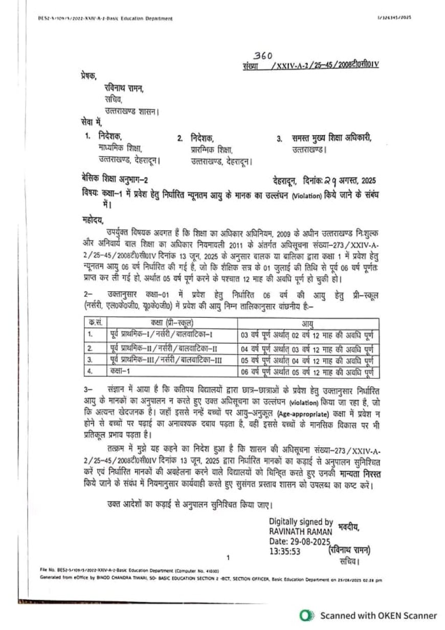 उत्तराखंड में कक्षा-1 में प्रवेश हेतु न्यूनतम आयु मानकों का उल्लंघन: नया आदेश जारी