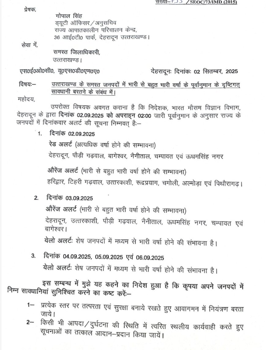 देहरादून: 03 सितंबर 2025 के लिए ऑरेंज और येलो अलर्ट जारी