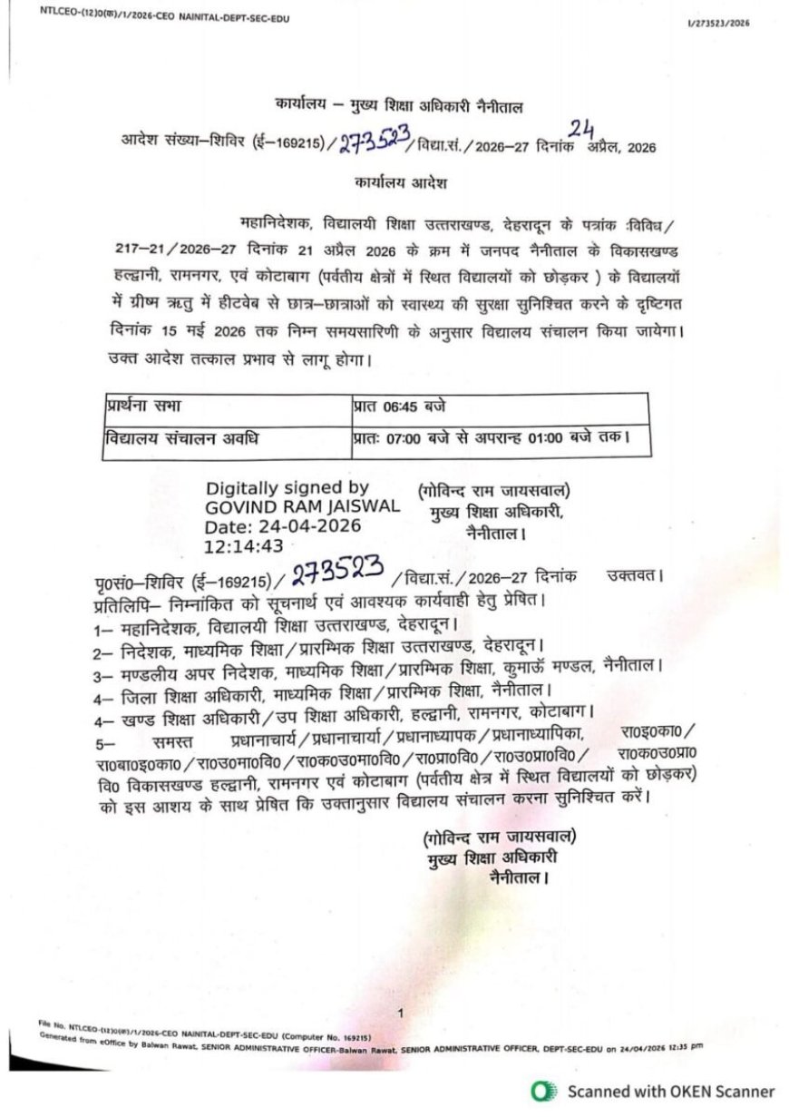 नैनीताल: जिले में स्कूल समय सारणी में हुआ बदलाव, जानें नए निर्देश