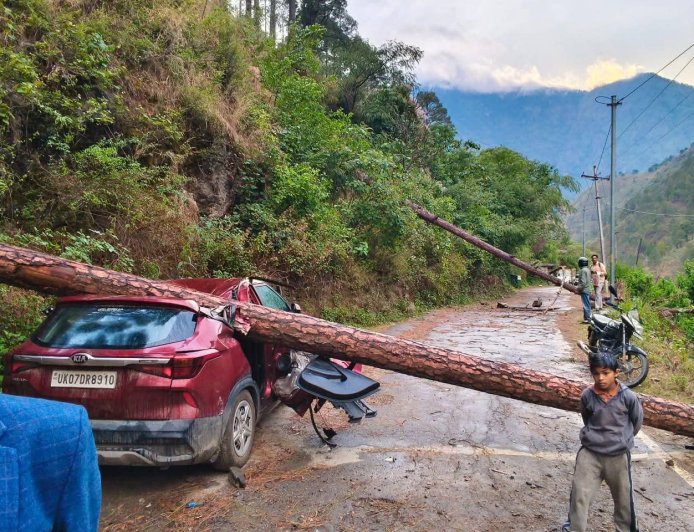 उत्तराखंड में भारी तूफान, गाड़ी पर गिरा विशाल पेड़ - जानें पूरी खबर
