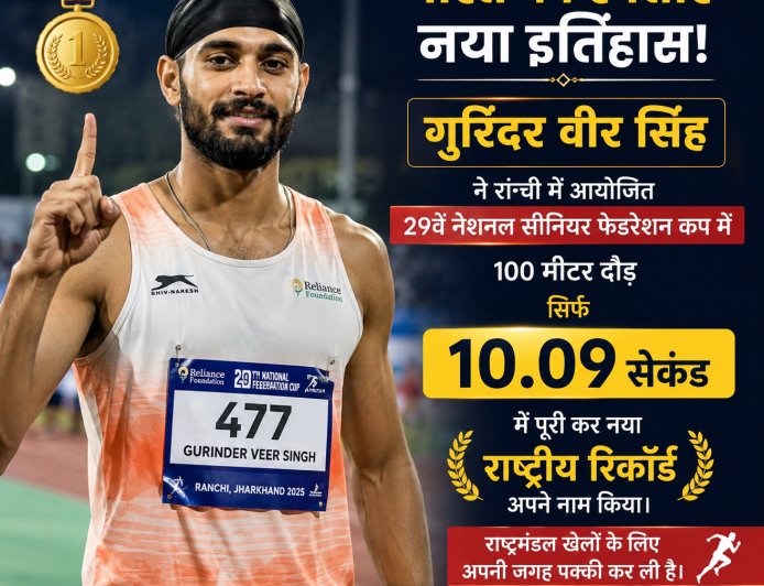 गुरिंदर वीर सिंह ने 100 मीटर दौड़ में नया राष्ट्रीय रिकॉर्ड बनाकर रचा इतिहास