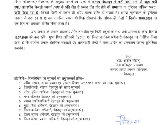 उत्तराखंड: देहरादून में भारी बारिश के कारण स्कूलों की छुट्टी