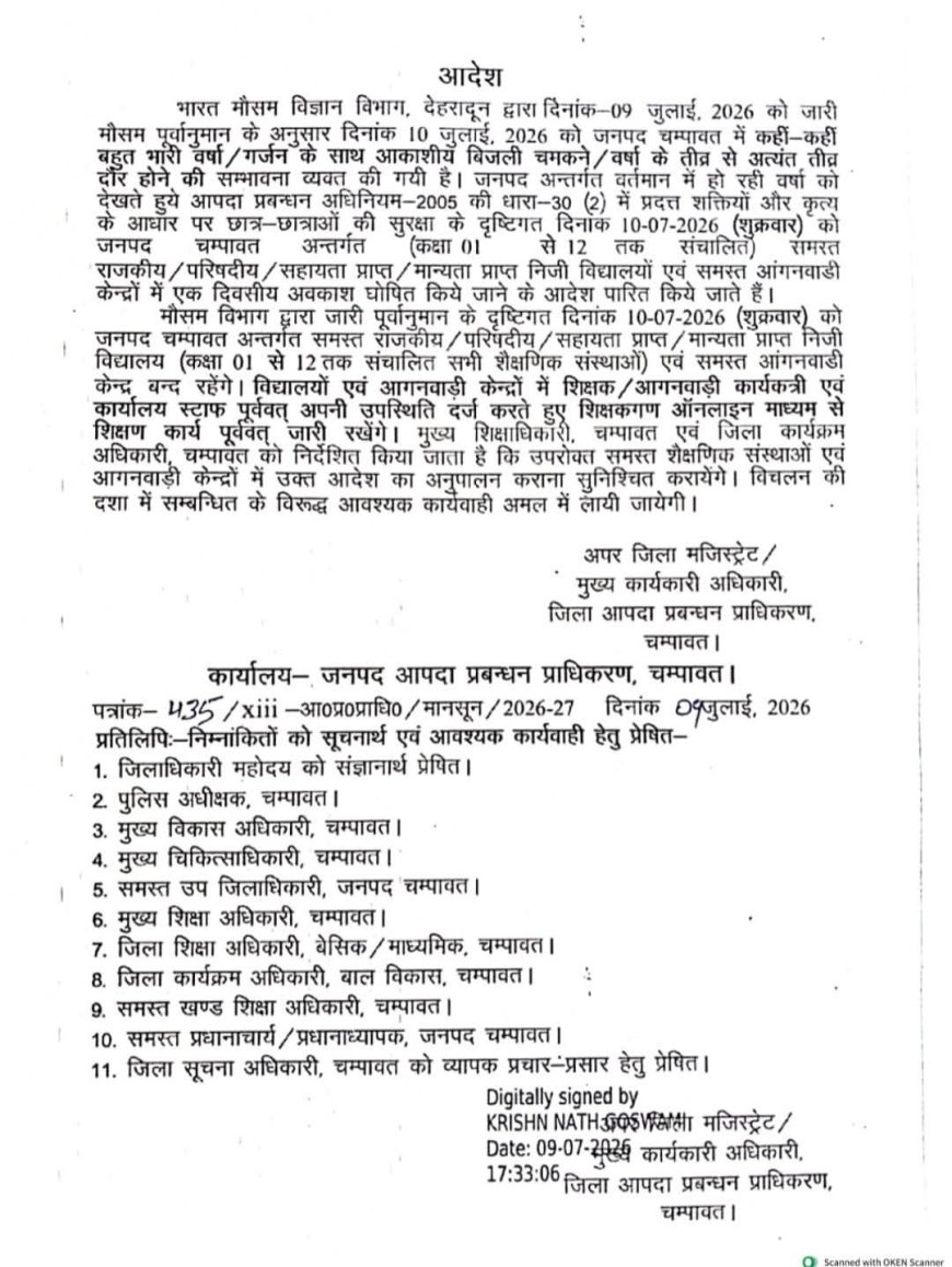 चंपावत: भारी बारिश के कारण कल स्कूलों में छुट्टी, जानें मौसम पूर्वानुमान